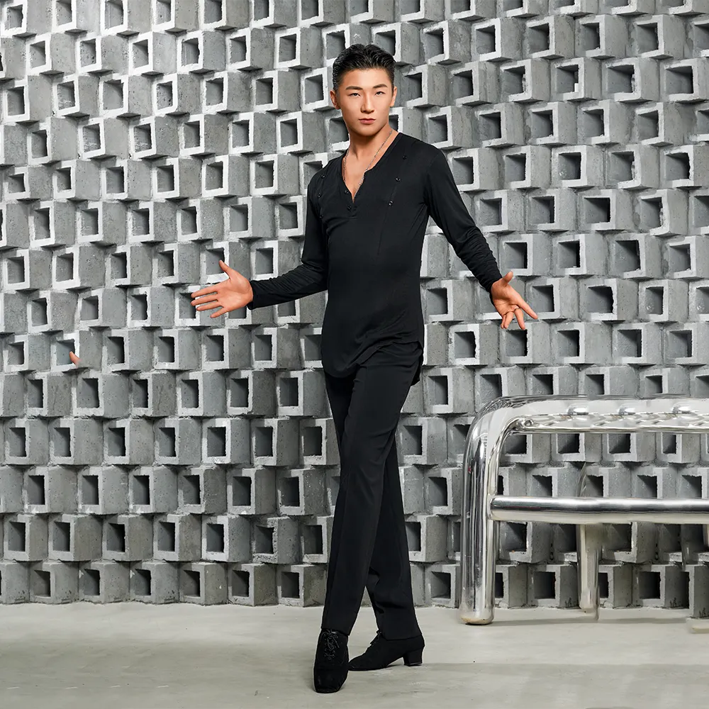 NY682 Men’s Button‑Detail Long‑Sleeve Latin Dance Top